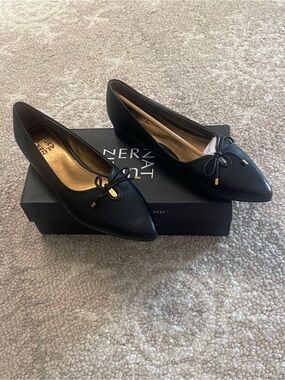 Naturalizer Black Pointed Toe Bow Flats with Gold Accents
